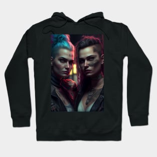 Futuristic Punk Lesbian Lovers - Neon Hair & Tattoos Hoodie